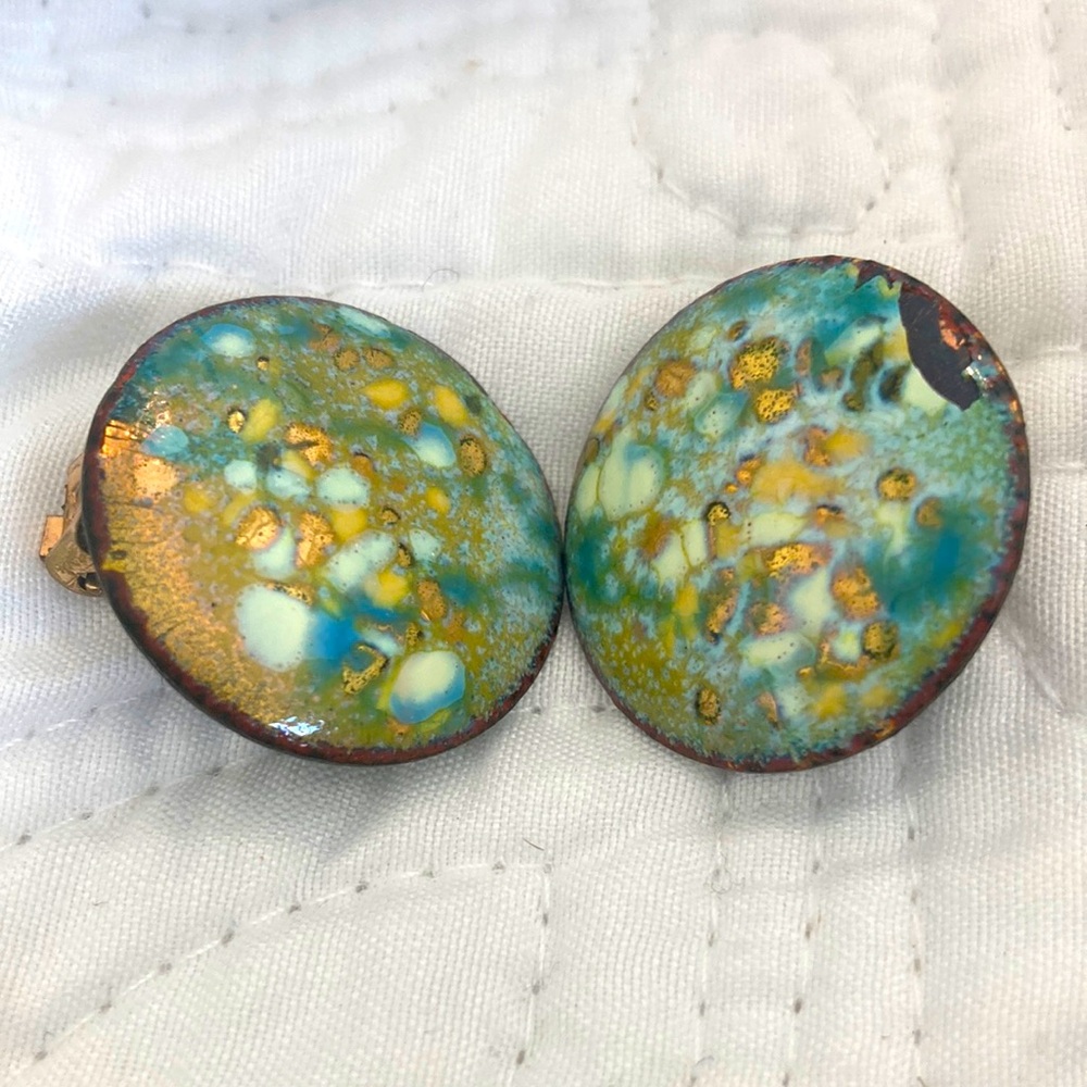 1940s clip copper enameled Blue and Gold Earrings